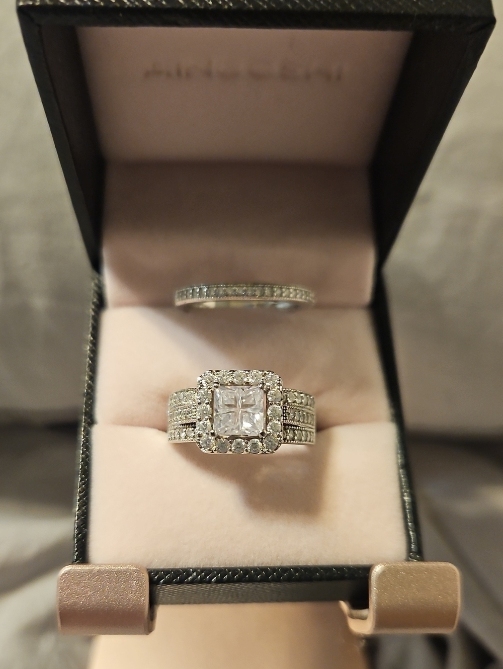 Silver-Tone Square Halo Bridal Ring Set with Clear Stones - Women Jewelry